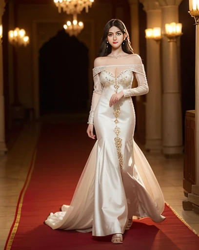 Create a stunning image of a woman wearing a luxurious evening dress. The dress should be a perfect blend of elegance and sophistication, flowing gracefully to the floor with a slight train. It should feature a deep, rich color like midnight blue or emerald green, with delicate embroidery or beading that catches the light. The bodice should be form-fitting, accentuating her silhouette, with an off-the-shoulder or sweetheart neckline to add a touch of romance. The fabric should be high-quality, such as silk or satin, with a subtle sheen that gives the dress a glamorous look. She should be standing in a beautifully lit room, perhaps a grand ballroom or a lavish hall, with soft lighting that highlights the intricate details of the dress, golden dress
