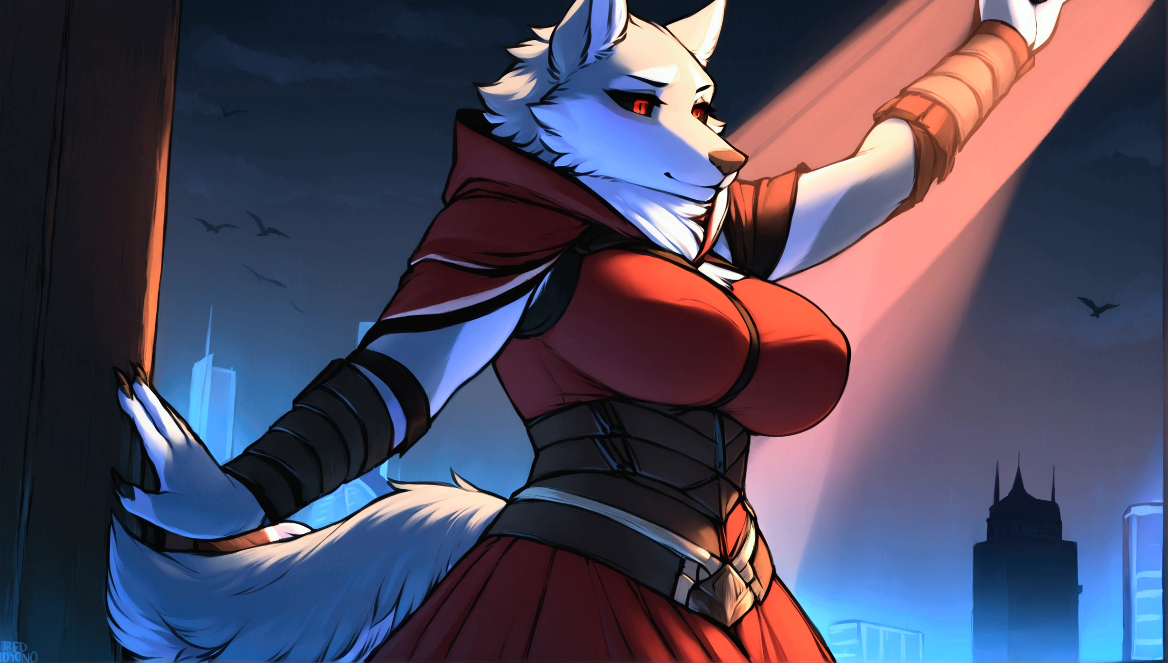 (top quality, best quality, Iriedono, High-quality illustrations, masterpiece, perfect artwork, cinematic light and shading, 16k, 1080p, uploaded on e621)(kemono, furry, anthro, alone), 1 larger female, (very detailed body, face, tail, arms, hands, legs, head and eyes), Assasin’s Creed, grey wolf, Death, big breasts, thick thighs, grey fur, fluffy, wolf ears, wolf fluffy tail, perfect eyes, black sclera eyes, red eyes, beautiful Assasin outfit, beautiful Assasin armor, night city, body movement, body twitching, jiggle physics,