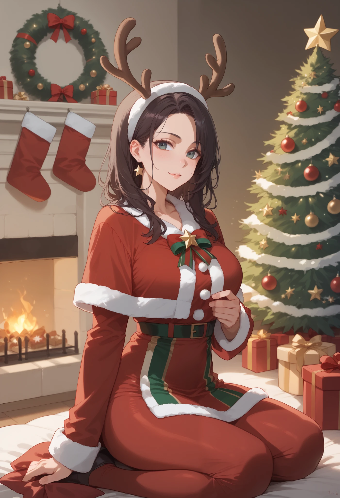 rating_safe, score_9, score_8_up, score_7_up, score_6_up, score_5_up, score_4_up, hires, heart-warming Christmas, featuring a cheerful Santa Claus in traditional costume in the center of the composition, a lavishly decorated Christmas tree with twinkling lights and a shining star at the top, Rudolph the red-nosed reindeer, wrapped presents, a detailed Christmas wreath with pine cones and ribbons,