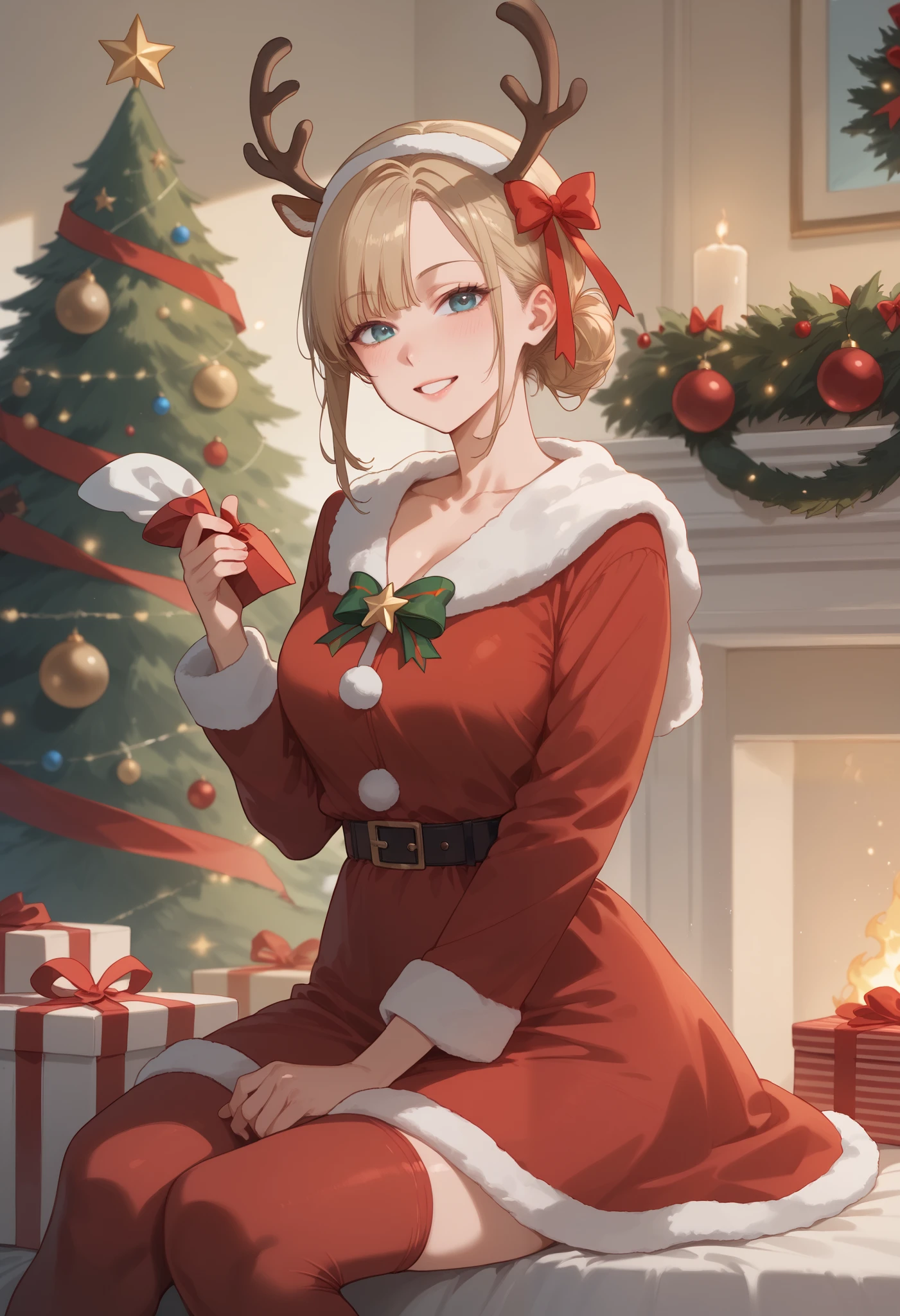 rating_safe, score_9, score_8_up, score_7_up, score_6_up, score_5_up, score_4_up, hires, heart-warming Christmas, featuring a cheerful Santa Claus in traditional costume in the center of the composition, a lavishly decorated Christmas tree with twinkling lights and a shining star at the top, Rudolph the red-nosed reindeer, wrapped presents, a detailed Christmas wreath with pine cones and ribbons,