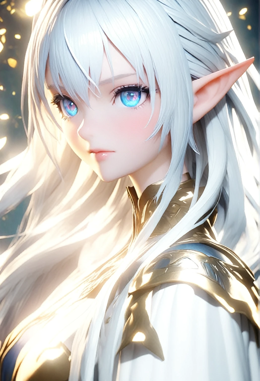 A whitehaired elf with shining blue eyes Hair is long