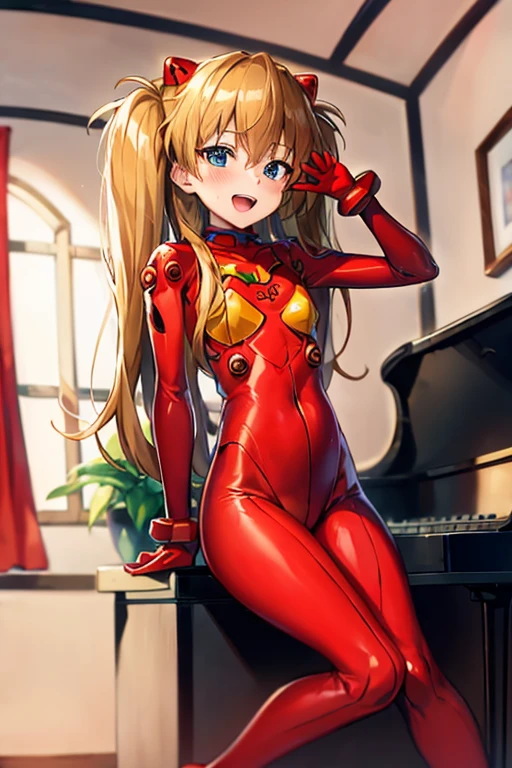 (( top quality )), ((masterpiece)), (be familiar with),  perfect face, indoor, bedroom,  watching viewers ,
One woman,  Soryu Asuka Langley,
 open mouth,  ecstatic expression beside the piano, blush, smile,
 small tits,  flat chest, Young girl, Lori,  s,  girl,
 long hair,  twin tails,
Leg spread,