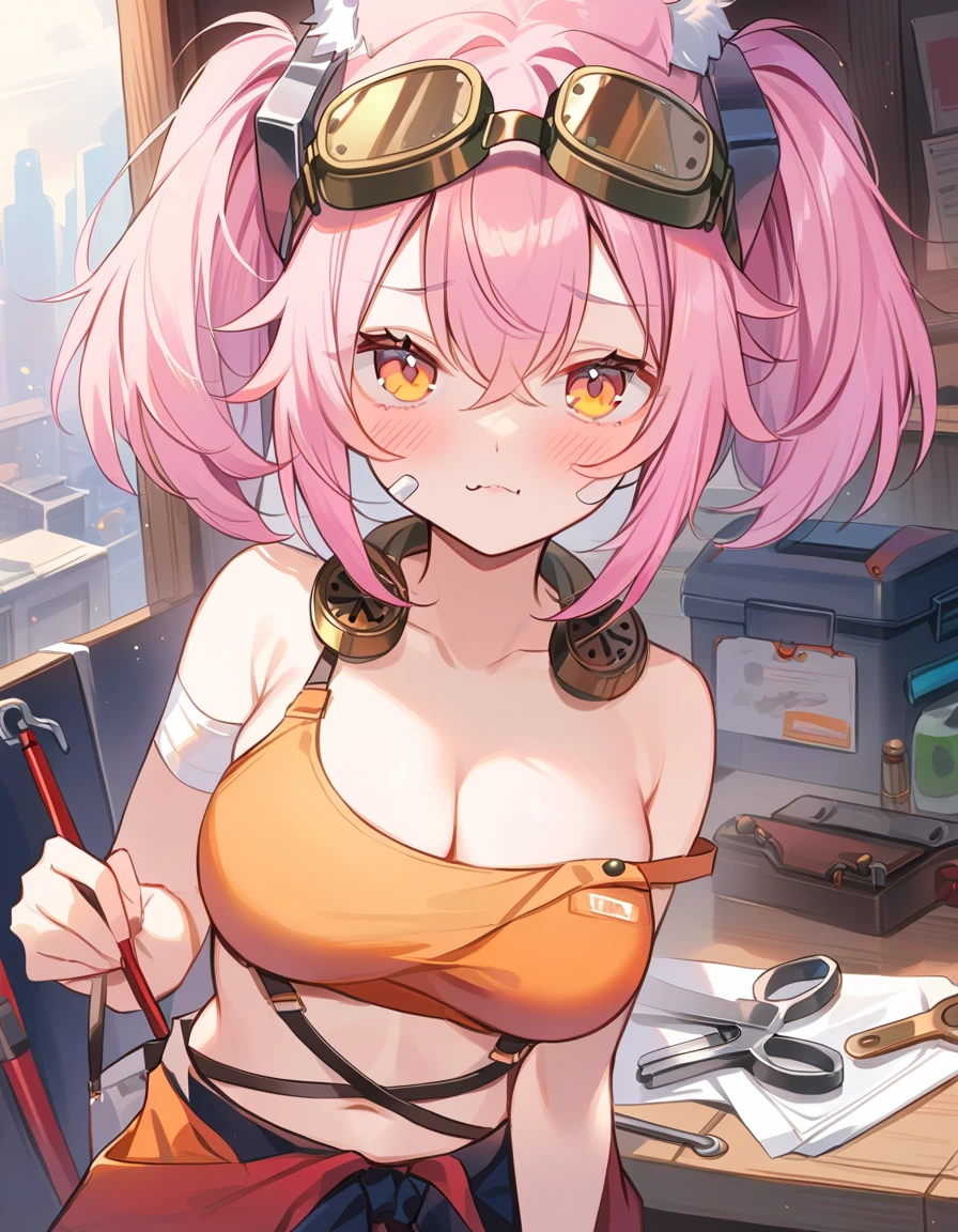 Top Quality Masterpiece High Resolution Tribe Brigate Kit, Pink Hair, Orange Eyes, Orange Cropped Tops, Work Clothes, Large Cleavage, Twin Tail Bag, Wrench, Work Clothes, Goggles, Bare Shoulders, Love, Mu Melo, Rede, Cheeks