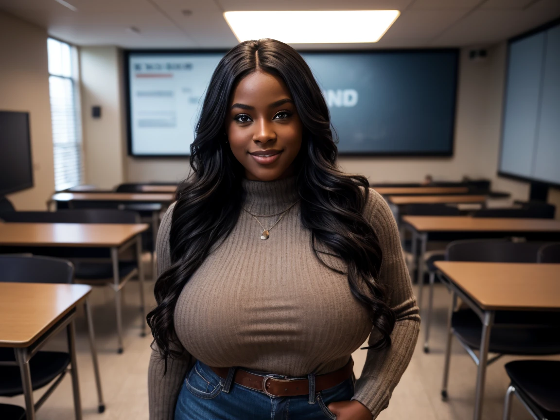 1girl, solo, Very beautiful ebony woman, brown eyes, Tight Blue jeans, stiletto heels, Long hair, black hair, wavy hair, (huge breasts), (thicc thighs, thicc hips), red sweater with “WE BLK” in big bold black letters, High Resolution, Looking at viewer, Smile, (full body picture), (Masterpiece, Accurate, Best Quality, Award Winning),Textured Skin, Super Detailed, Canon, Cinematic Lighting, Bokeh, 8K Octane, Impressionism, Cinematic, Cinematography, Hyperdetailed, Photorealistic, college classroom background, 