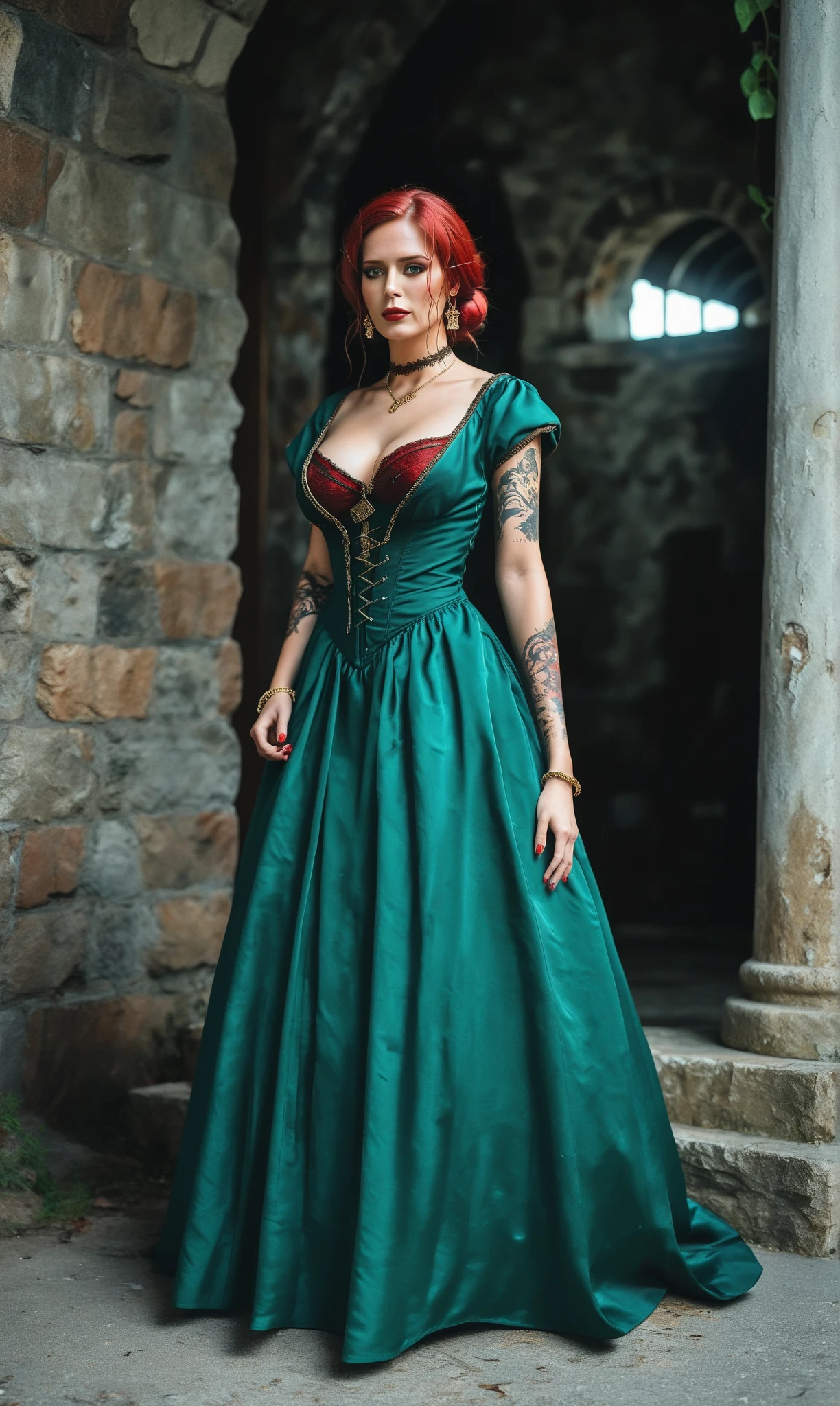 Triss Merigold, Photo, realism, photorealistic, chiaroscuro lighting, warm color tones, cinematic, dramatic, 8k, masterpiece, Triss Merigold from Witcher, (Triss Merigold looks like in the game Witcher), (full volume breasts, large breasts), (long flowing hair), (correct eyes, detailed eyes, green eyes), (highly detailed face and body, flawless skin, long square red nails), (arm-tattoo, right arm tattoo, lower back-tattoo, lower back tattoo, small tattoo nearby her pussy), (beautiful makeup, red lips), (Triss Merigold is wearing green hoopdress with golden embroidery, black stockings with lace top, green platform high heels, lace choker, emerald necklace, gold bracelets, golden elegant earrings, golden belly piercing), (bedroom in the castle), (Triss Merigold is staying turned back to a viewer, looking over her shoulder), (alluring expression), (full body)