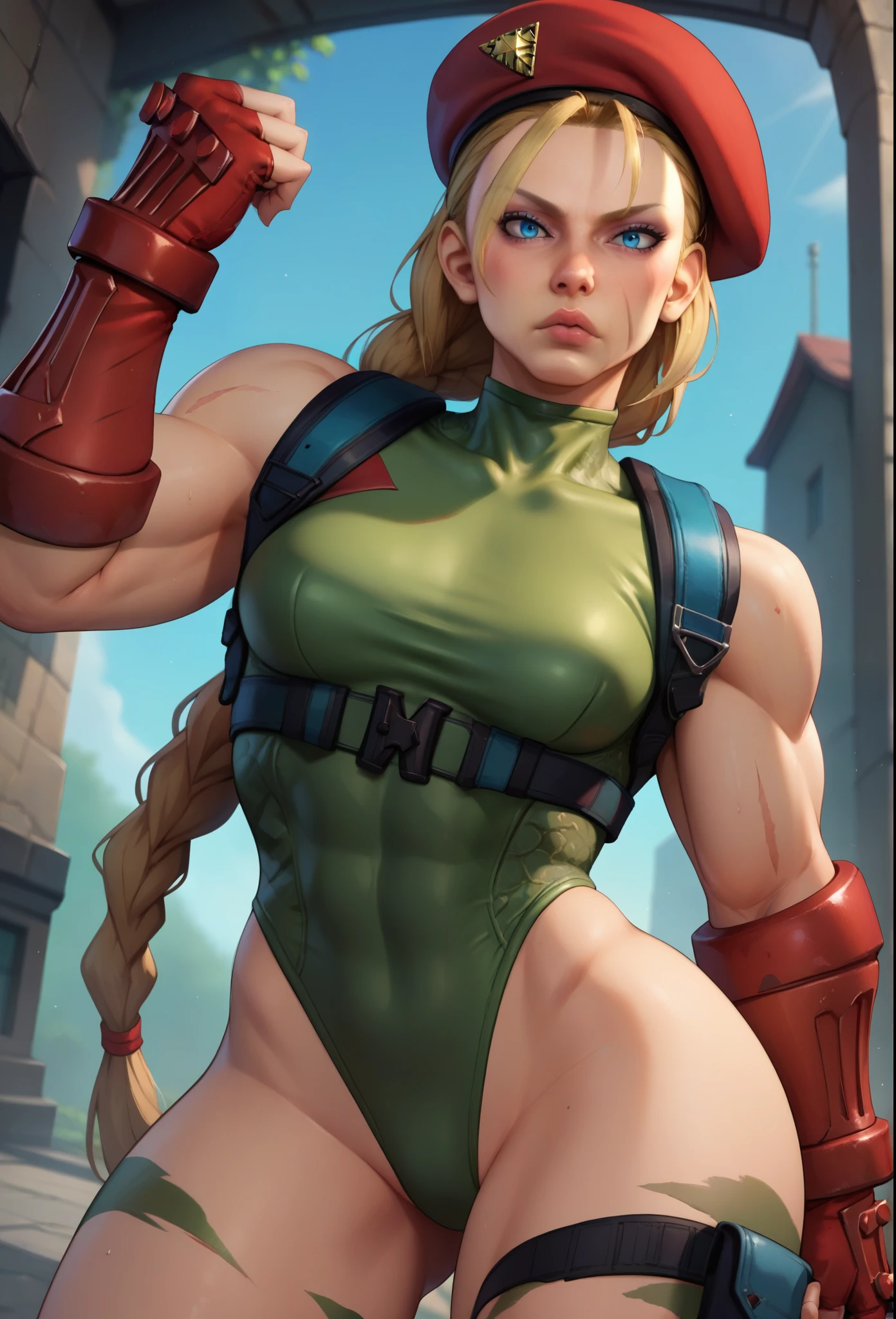 score_9, score_8_up, score_7_up, BREAK, score_9, cammySDXL, 1girl, solo, long hair, breasts, looking at viewer, blue eyes, blonde hair, gloves, hat, standing, braid, fingerless gloves, leotard, lips, muscular, beret, highleg, scar, red headwear, scar on face, highleg leotard, red gloves, camouflage, harness, thong leotard, green leotard, chest harness, cowboy shot,