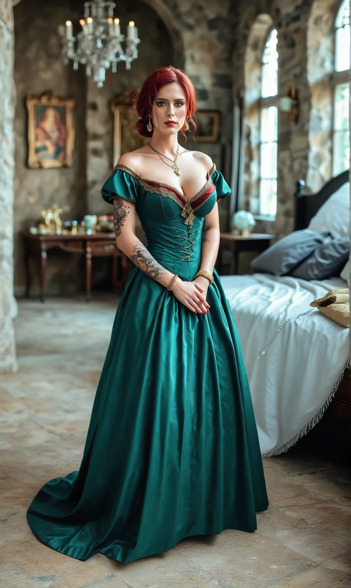 Triss Merigold, Photo, realism, photorealistic, chiaroscuro lighting, warm color tones, cinematic, dramatic, 8k, masterpiece, Triss Merigold from Witcher, (Triss Merigold looks like in the game Witcher), (full volume breasts, large breasts), (long flowing hair), (correct eyes, detailed eyes, green eyes), (highly detailed face and body, flawless skin, long square red nails), (arm-tattoo, right arm tattoo, lower back-tattoo, lower back tattoo, small tattoo nearby her pussy), (beautiful makeup, red lips), (Triss Merigold is wearing green hoopdress with golden embroidery, black stockings with lace top, green platform high heels, lace choker, emerald necklace, gold bracelets, golden elegant earrings, golden belly piercing), (bedroom in the castle), (Triss Merigold is staying turned back to a viewer and sholding own ass by own hands, looking over her shoulder), (alluring expression), (full body)