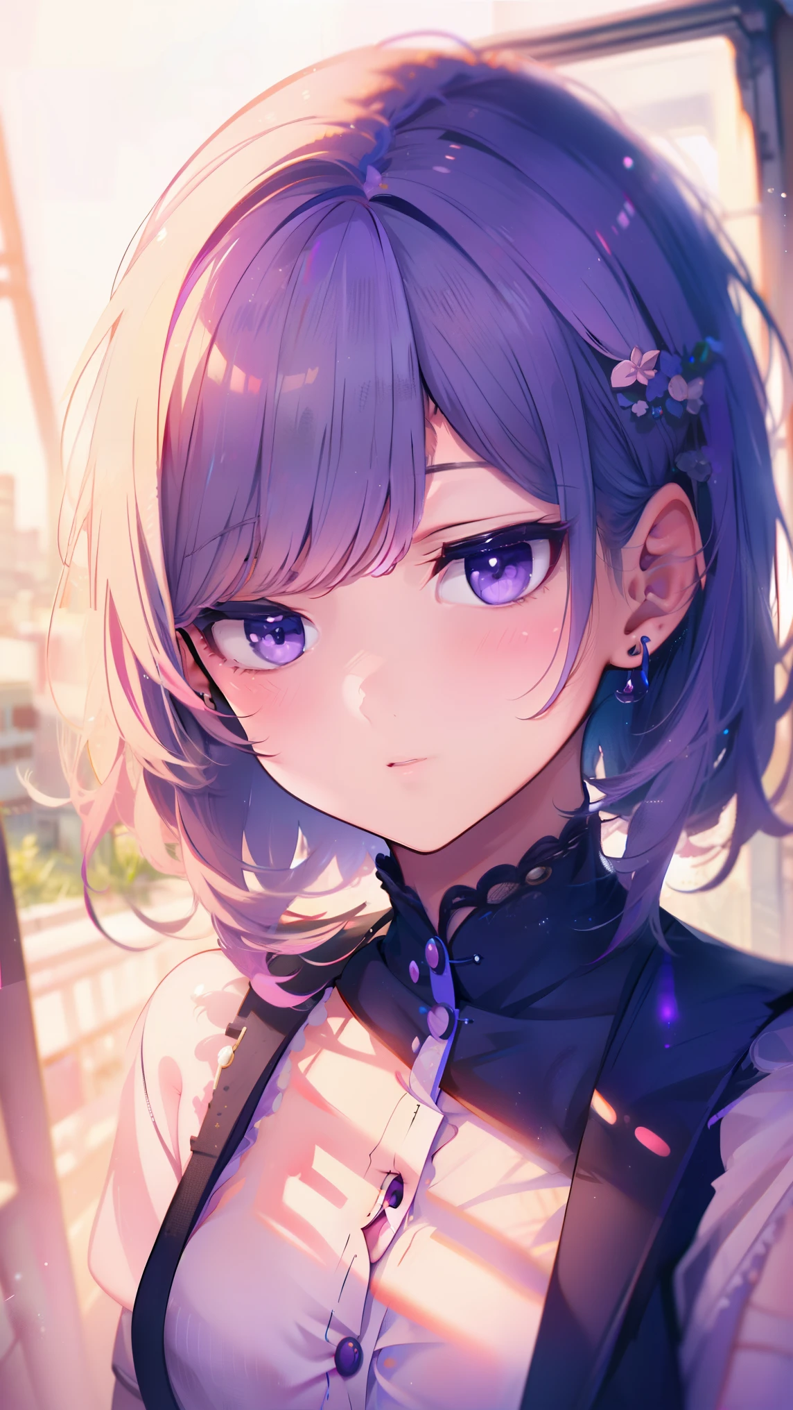  ,  very delicate and beautiful, masterpiece,  top quality,   super high res ,  Hyperrealistic ,   ultra detail  ,   (Light Purple Hair, short side tails), delicate facial features,  earrings for women with first name,  full body shot ,  skirt ,   Button-Up Shirt  