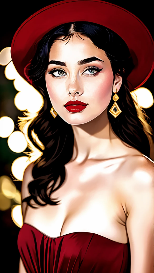  a breathtaking masterpiece of a woman standing gracefully in a long, flowing red dress. The dress is detailed and elegant, featuring a modest neckline that enhances her beauty while maintaining an air of sophistication. She wears a wide-brimmed black hat, adding to her charm. Her makeup includes glamorous white lipstick that complements her pale complexion. Surround her with a magical background filled with vibrant flowers, creating a natural and enchanting atmosphere. The artwork should reflect the style of Patrick Nagel, showcasing highly detailed features, including her expressive eyes and delicate facial structure, along with a soft smile that evokes breathtaking beauty inspired by the 1940s. Aim for a high-quality, award-winning look with a focus on realism and beauty, presented in 8K resolution.