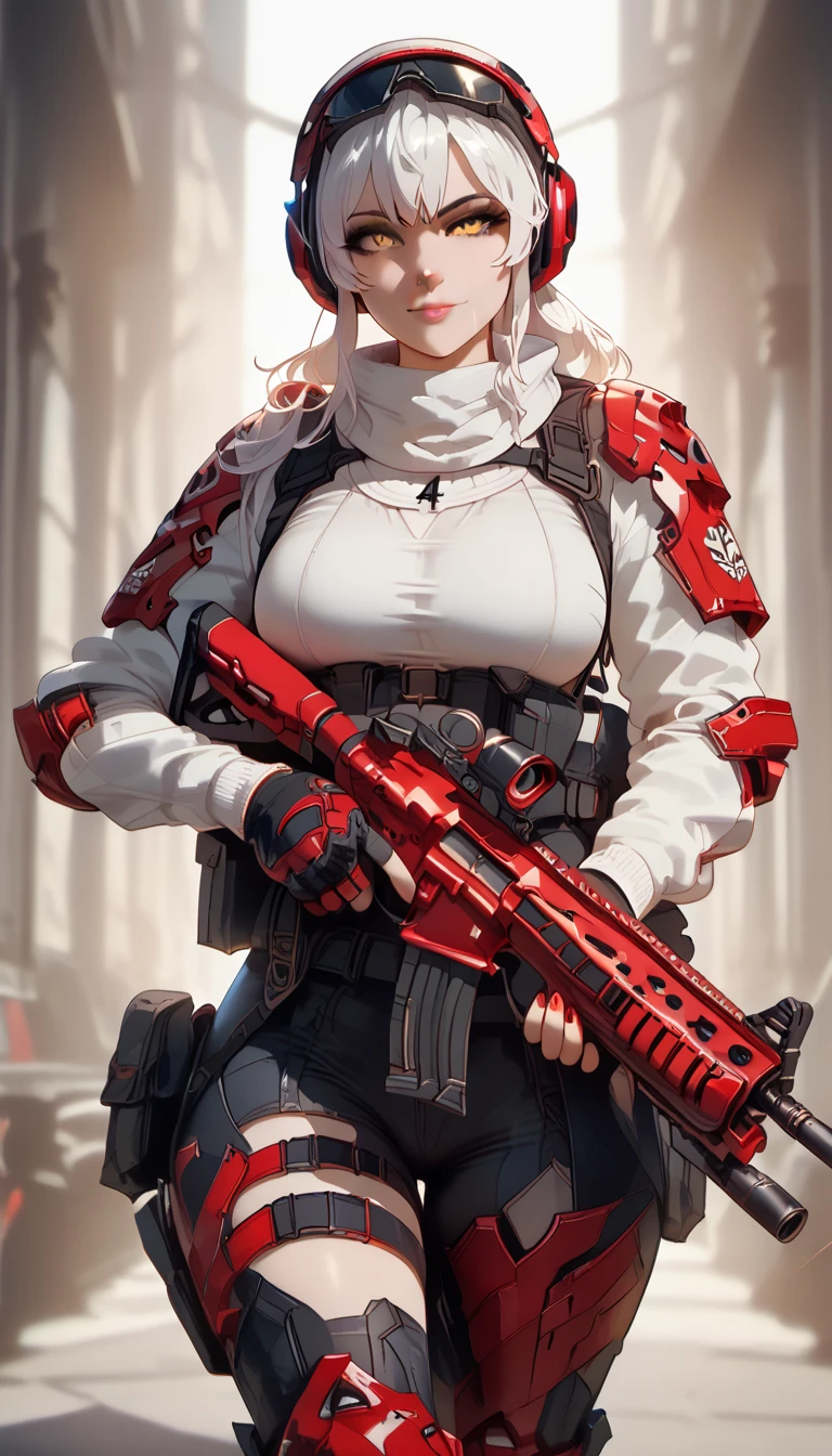 ultra-detailed, 1girl, solo, W, (masterpiece)), (best quality), (highres), 16K, yellow eyes, white hair, long hair, wearing tactical gear, black thong, thighhighs, knee pads, boots, busty body, large breasts and a beautiful ass, showcasing cleavage, legs, hips, (holding assault rifle), looking at viewer, detailed face, smile, detailed hair, detailed body, street background