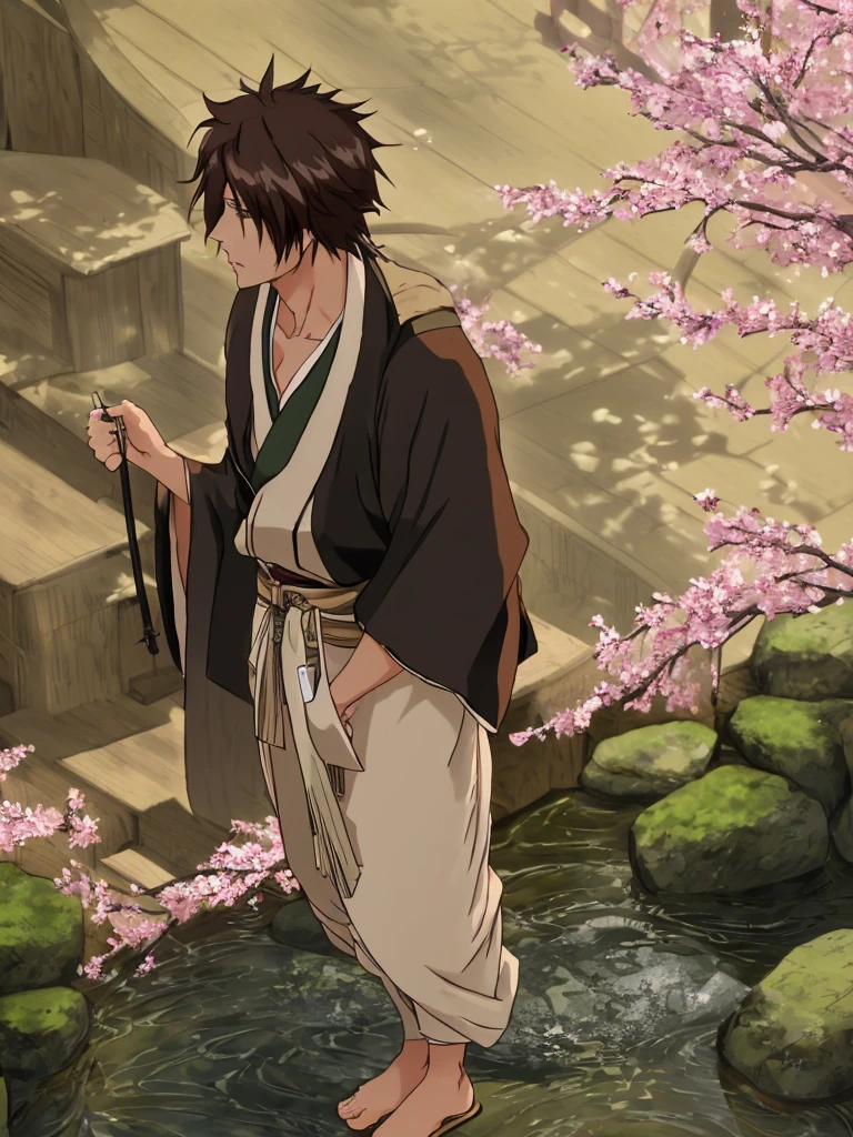 male, bleach style, best quality, not looking at camera, looks drawn, looking away, Long wavy brown hair, Cherry blossoms, baggy beige colored shinigami shihakushō, tan colored haori, dark green vintage japanese kimono with flower designs draped over body, koi pond, caustics, doing something, subsurface scattering, Long wavy brown hair, loose strands of hair dangled in my face, chiseled jawline and amazing face, muscular body, lean physique, battle scars on skin, baggy beige colored shinigami shihakushō with a low collar to allow my chest and top of my abs to show, a tan colored haori wearing it over my beige colored shihakushō and a dark green vintage japanese kimono with flower designs draped over top of the haori, geta sandals with socks, brown sash on my waist that holds a sheathed katana. 