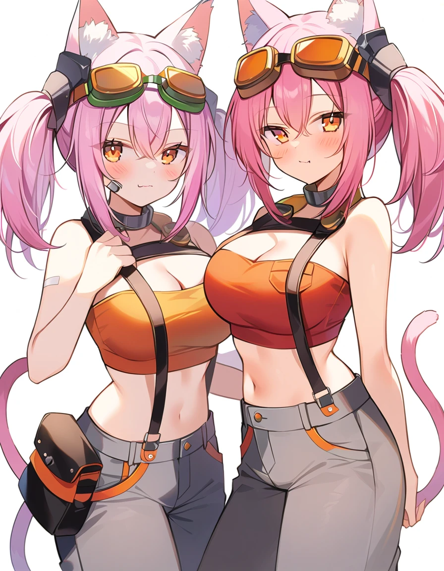 Top Quality Masterpiece High Resolution Tribe Brigate Kit, Pink Hair, Orange Eyes, Orange Cropped Tops, Work Clothes, Large Cleavage, Twin Tail Bag, Wrench Work Clothes, Goggles, Bare Shoulders, Love, Mumo, Melo, Rede, Cheeks, Red Boots, Cowboy Shots, Cat Ears, Tails, Grey Trousers