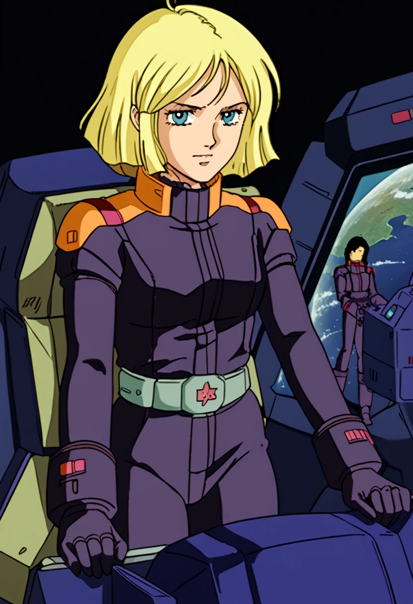 Z Gundam pilot suit, ( black pilot suit for piloting a machine:1.5) 、,score_9、 score_8_ up、 score_7_ up、 Destroys Top Quality 、 Refined details 、  Source Anime  、  One girl 、、、(Sayla \district\)、、 cockpitビュー、Blonde、serious、 cockpit、Seated、
Space Background、