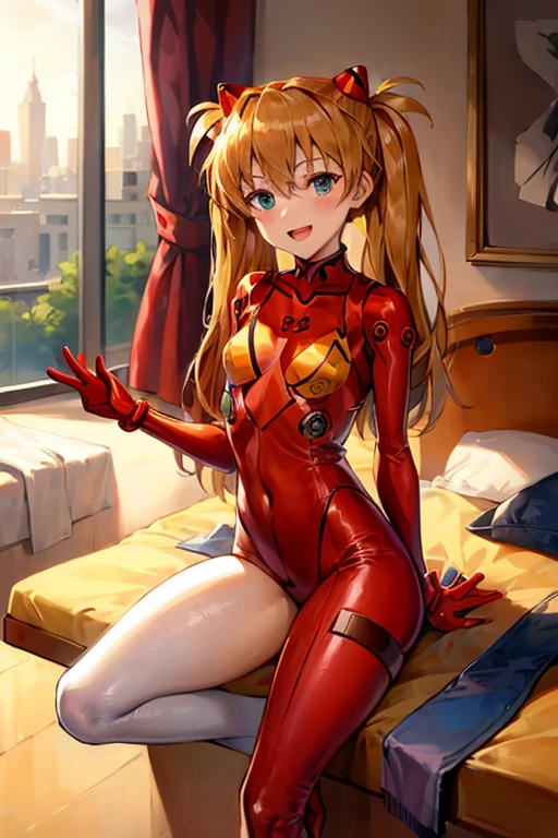 (( top quality )), ((masterpiece)), (be familiar with),  perfect face, indoor, bedroom,  watching viewers ,
One woman,  Soryu Asuka Langley,
 open mouth,  ecstatic expression beside the piano, blush, smile,
 small tits,  flat chest, Young girl, Lori,  s,  girl,
 long hair,  twin tails,
Leg spread,