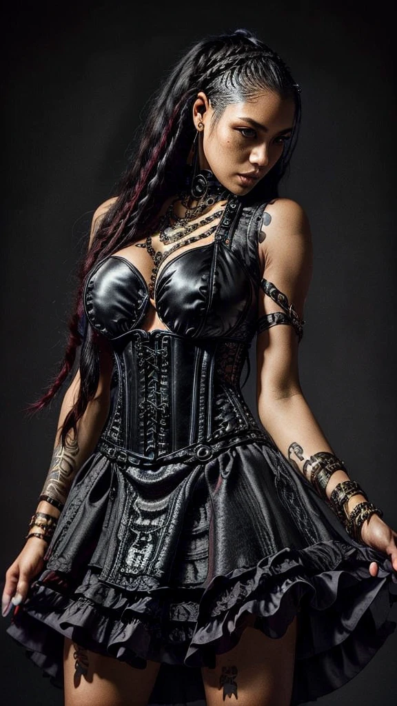 A Mongolian Latin American biracial woman with tall body and feminine curves. The woman has a long braided hairstyle with shaved sides on her head ((Undercut)). The woman is wearing a Gothic corset dress. The color of her clothing is black with yellow accents. Clothing has many patterns and chains. The woman dances frontally to the camera with fire. Your line of sight is into the camera. The background is a gothic cemetery at night. The woman has freckles on her face.