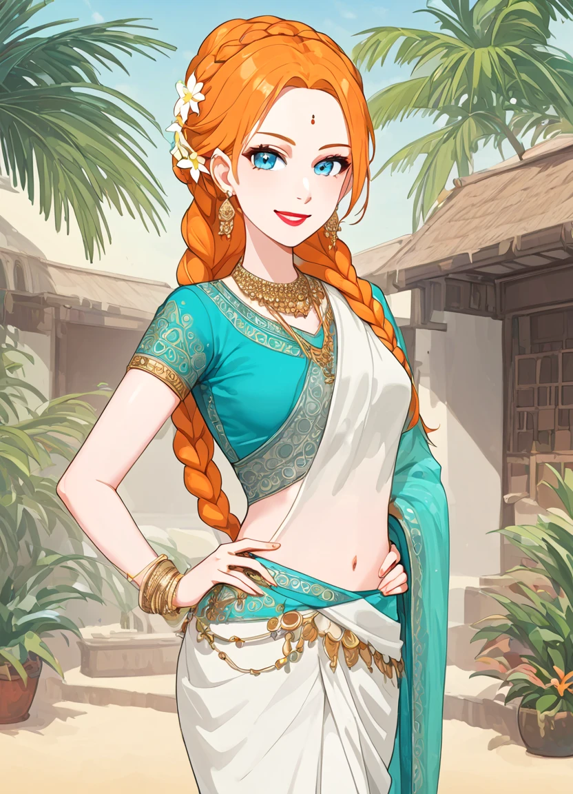 summer.smith, orange hair, 1girl, braid, eyeshadow,lipstick,bindi, saree,smile,score_9, score_8_up, score_7_up, score_6_up, score_5_up, score_4_up, looking at viewer, hand on own hip, cowboy shot,