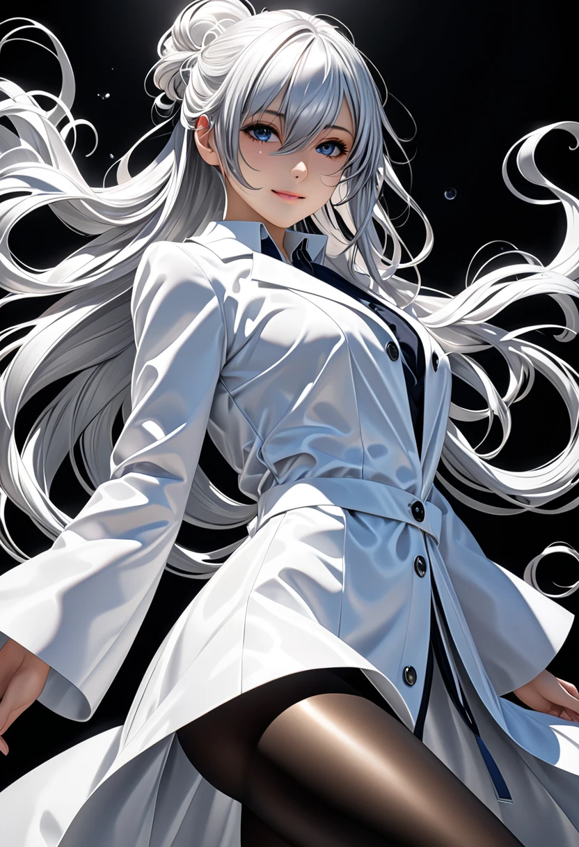 beautiful female doctor, yandere, vivid and seductive expression, shining glossy silky messy half updo, hair over one eye, kind eyes, smirk, superlative great body proportion, wearing white coat, black pantyhose, mysterious beauty of magic, professional and perfect composition, extremely delicate depiction, extremely clear image, effective effects, bold and dynamic, contrasts of light and shadow, 2.5D, artistic photography, hyper realistic, ultra detailed, absolutely resolution, masterpiece