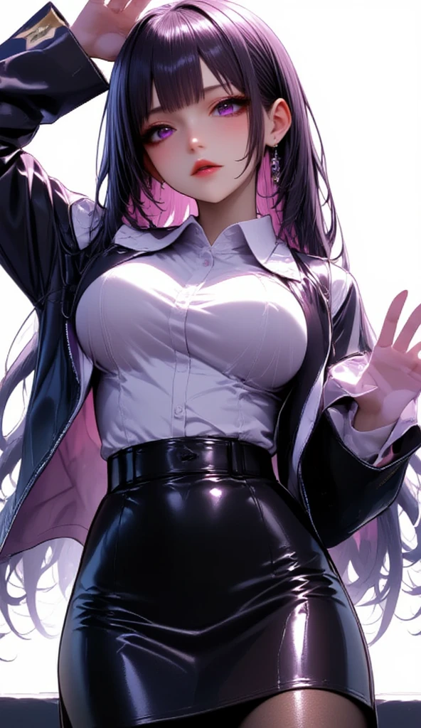  1 mature beautiful woman ,(masterpiece:1.3, top quality :1.3, very detailed depiction:1.3, incredible high resolution:1.3,High quality anime drawings),( office lady with straight black hair,An excellent female secretary,Villainess,Glasses),( business suit, tight skirt , formal shirt to accumulate strength, black tights, Luxurious Accessory , high heels),(Purple Eyes, Crazy Eyes , half-closed eyes:1.5, big breasts, wicked smile, glossy red lips , is opening her mouth,Seductive gestures,Beautiful legs, healthy legs,Curvaceous Body,High quality skin),Full body images:2.0,