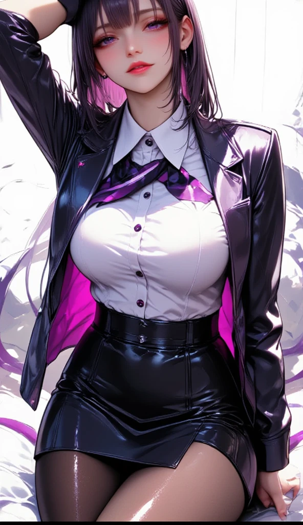  1 mature beautiful woman ,(masterpiece:1.3, top quality :1.3, very detailed depiction:1.3, incredible high resolution:1.3,High quality anime drawings),( office lady with straight black hair,An excellent female secretary,Villainess,Glasses),( business suit, tight skirt , formal shirt to accumulate strength, black tights, Luxurious Accessory , high heels),(Purple Eyes, Crazy Eyes , half-closed eyes:1.5, big breasts, wicked smile, glossy red lips , is opening her mouth,Seductive gestures,Beautiful legs, healthy legs,Curvaceous Body,High quality skin),Full body images:2.0,