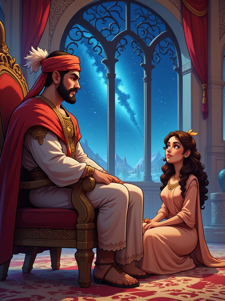 Draw a vivid scene depicting a king in traditional Middle Eastern dress, sitting on an ornate throne, wearing a turban decorated with feathers. The man listens to the woman in amazement. An elegantly dressed woman in Middle Eastern dress, wearing a small fez with a tulle on the end, sits cross-legged in front of him, looking up with a hopeful expression. She seems to be telling him a story.  In the background, in a palace room, there is an elaborate window through which a starry night sky is visible, adding a magical atmosphere. Highlight the rich colours of their clothes and surroundings.