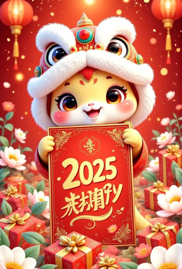 Cute Chinese snake with red gift boxes and calendar, golden text "Happy New Year 2025", light yellow plum blossoms, cartoon style, red background, New Year's atmosphere, graphic design poster art, bold lines, high-contrast shadows, 3D rendering, high resolution, super details, 8K