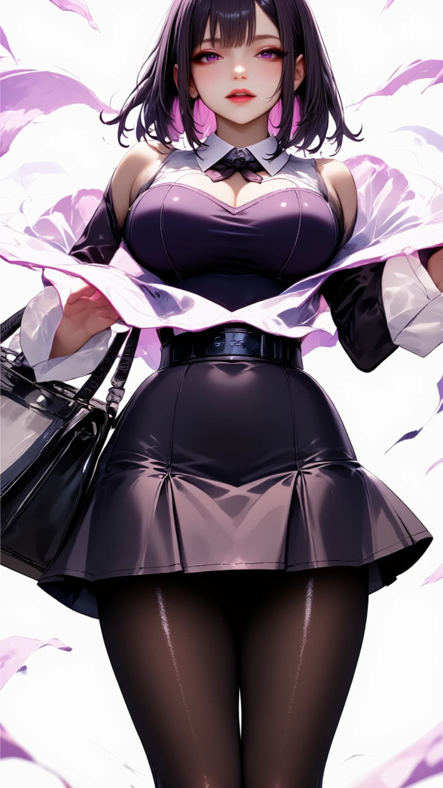  1 mature beautiful woman ,(masterpiece:1.3, top quality :1.3, very detailed depiction:1.3, incredible high resolution:1.3,High quality anime drawings),( office lady with straight black hair,An excellent female secretary,Villainess,Glasses),( business suit, tight skirt , formal shirt to accumulate strength, black tights, Luxurious Accessory , high heels),(Purple Eyes, Crazy Eyes , half-closed eyes:1.5, big breasts, wicked smile, glossy red lips , is opening her mouth,Seductive gestures,Beautiful legs, healthy legs,Curvaceous Body,High quality skin),Full body images:2.0,