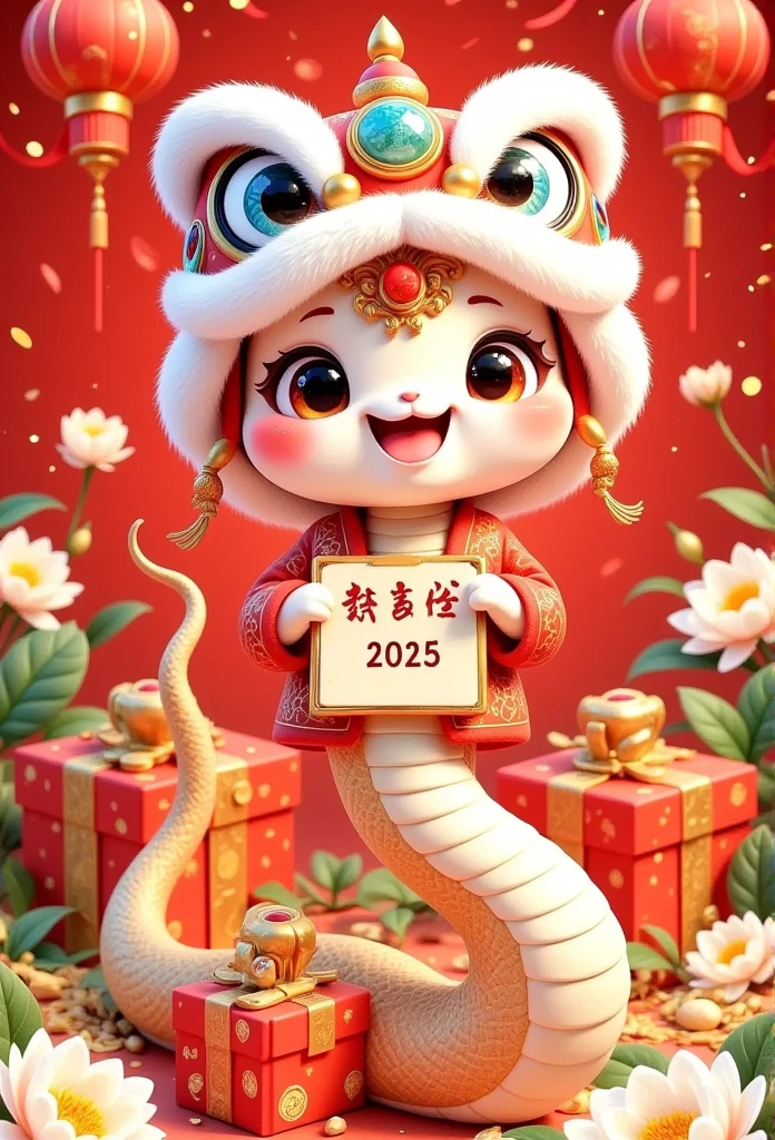 Cute Chinese snake with red gift boxes and calendar, golden text "Happy New Year 2025", light yellow plum blossoms, cartoon style, red background, New Year's atmosphere, graphic design poster art, bold lines, high-contrast shadows, 3D rendering, high resolution, super details, 8K