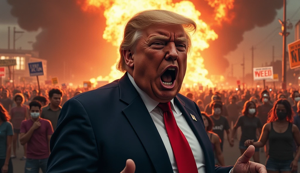 Close up photo of (ais-trollz Donald Trump:1.5), burning golf course in front of explosion, Explosion Artstyle, <lora:Russ_Trolls_Style_SDXL:0.8> <lora:Explosion Artstyle - Trigger is Explosion Artstyle:0.6>