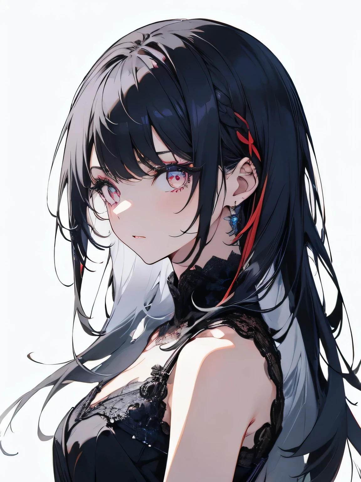 (Highest quality,4K,8K,High resolution,masterpiece:1.2),Super detailed,Beautiful attention to detail,Long black hair,Red eyes,Highly detailed eyes and face,[Black gloves],[Black Dress],Portraiture,,Sharp focus,High chest exposure,whole body,sexly,Beautiful legs in every detail
