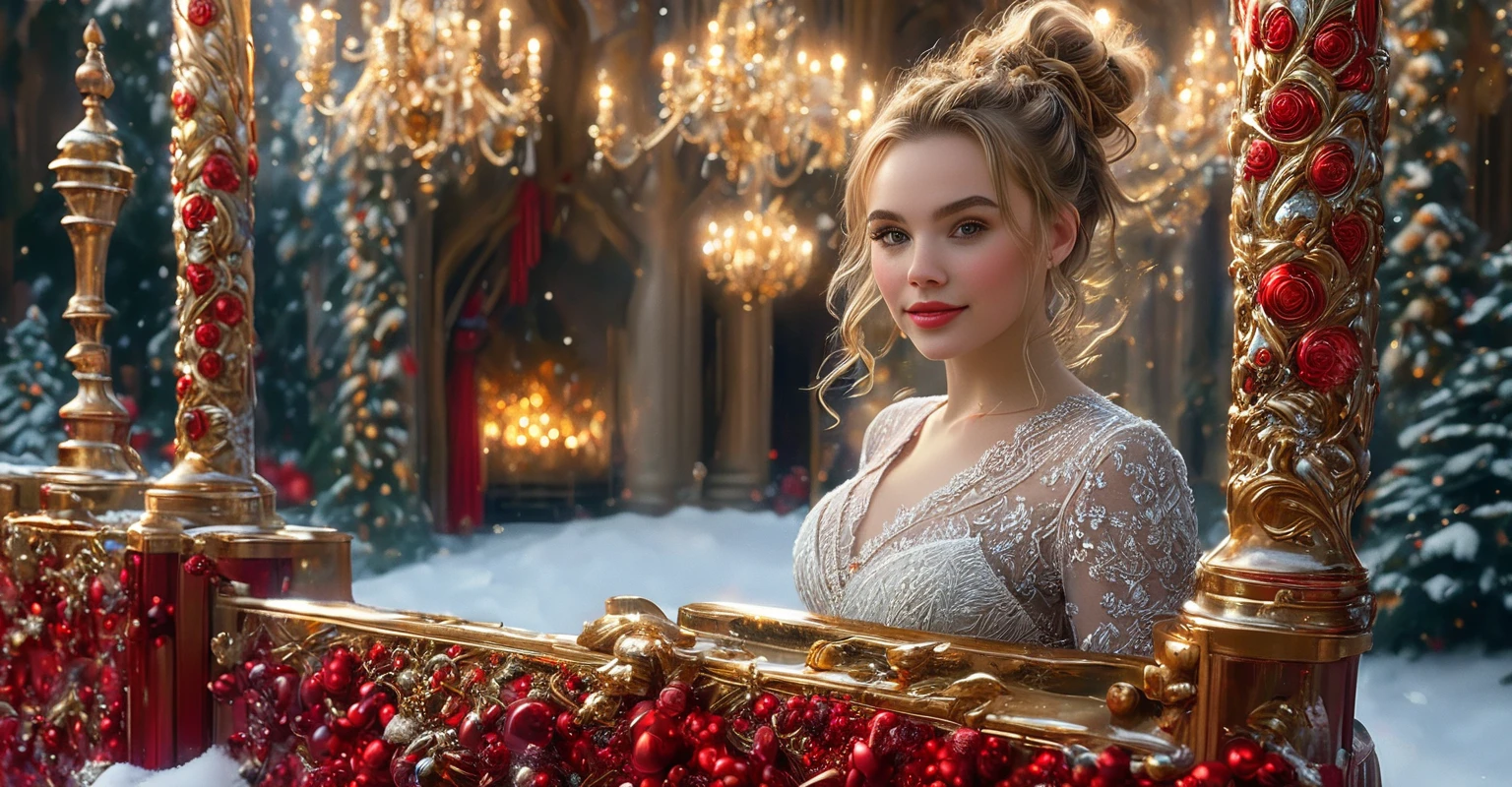 "A young, elegant woman envisioned as a youthful and cheerful Mrs. Claus, blending the features of Sabrina Carpenter, Scarlett Johansson, and Chloe Bennet. She has vibrant auburn hair styled beautifully and exudes joy, elegance, and festive warmth. The setting is a luxurious Rococo-inspired room with intricate details, featuring a roaring fireplace that creates a cozy, cheerful atmosphere. The artwork is a highly detailed, award-winning digital painting, blending elements of realistic fantasy art, polished 2D vector illustration, and concept art, inspired by the styles of WLOP and Artgerm. The overall composition emphasizes sharp focus, intricate textures, and a polished, elegant aesthetic."
