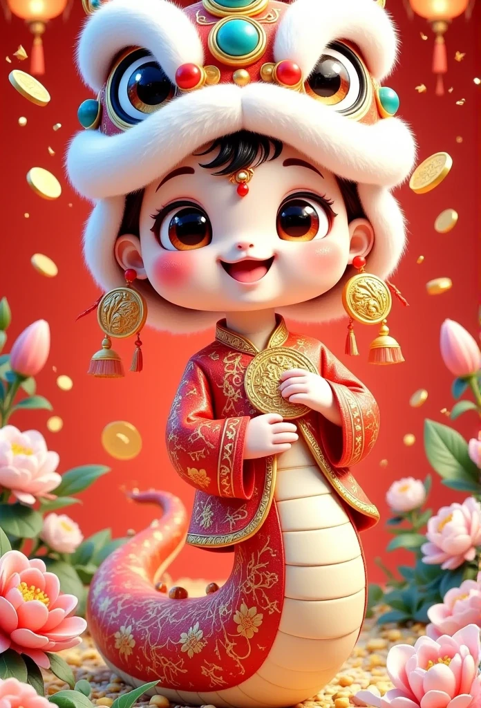 Full body, super cute girl, wearing Chinese dragon hat, Chinese Year of the Dragon, big eyes, gold coin decoration, Pixar animation, ip design, 8k, super fine details, resin, best quality oc rendering, strong light effect, super details, 3D rendering , HD, 8k