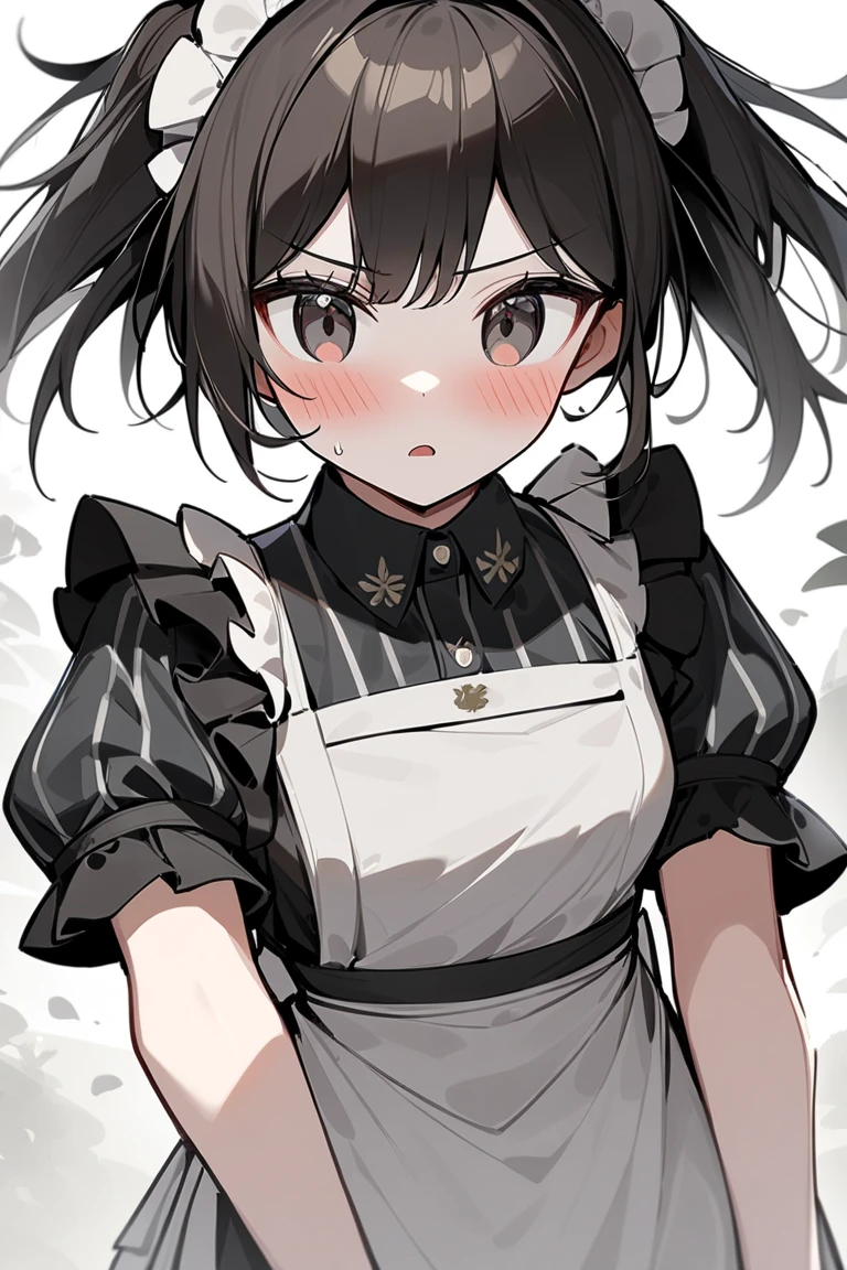 masterpiece,(best quality, illustration,detailed face:1.3),(1girl,solo:1.3),beautiful detailed eyes, apron, gradient_background, gradient, maid, red eyes,black hair,small breasts,, BREAK, enmaided, white_apron, black_dress, ponytail, black_footwear, frilled_apron, dress, maid_apron, alternate_hair,very long hair, split_ponytail, halo