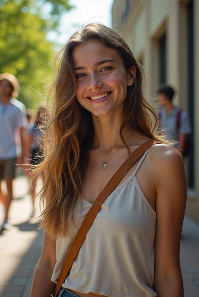 @blonde, Girl 23 years old, slim, happy grin, long and blonde hair, rosto angelical, eyes large, profile photo not instagram, facefocus, hyper realist, best qualityer, high qualiy, greg rutkowski, Dom Casmurro shading, cinematic