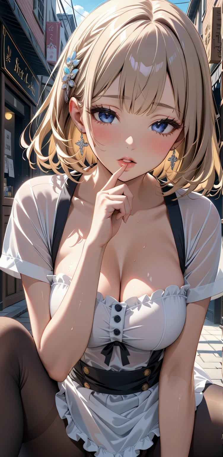 30 years old woman, milf, beautiful, short blonde hair, crimson eyes, pale white skin, amazing Body, big breasts, thick thighs, milkmaid, super micro small transparent open dress, without bra, pose simple, blurred background. No blur lines, perfect lines and details, (masterpiece), clothes barely covers her skin. No panties, perfect detailed colors and shadows, full body picture. Erotic woman, ((half naked)), most erotic and sexy girl on the planet, nsfw, most beautiful face, deep cameltoe, showing nipples 