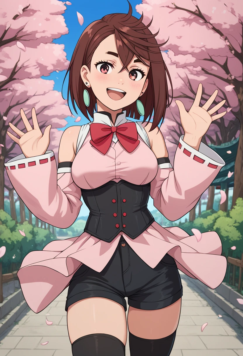 Girl, brunette ponytail with bangs, japanese, chubby, blush, pink one piece cut out, magenta shooter sleeves, magenta thigh high socks, white gloves and boots, silver choker, silver belt with retangle golden buckle, sexy pose
