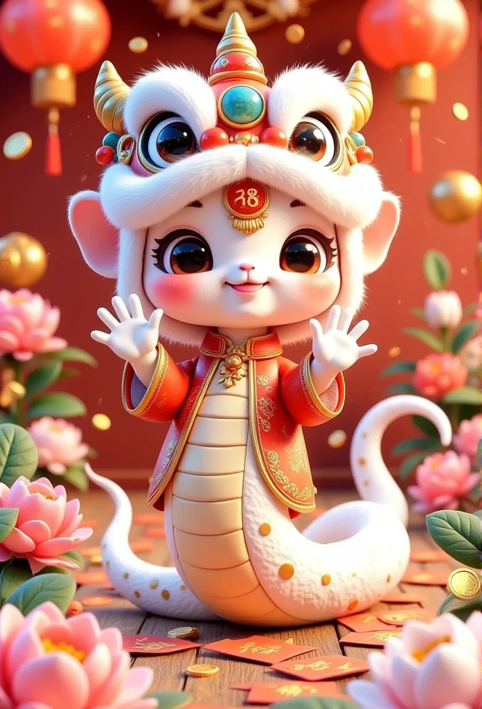 snake,This is a digital CGI image featuring a cute, white, dragon-like creature with red polka dots, large expressive eyes, and small horns. It wears a red Chinese New Year outfit adorned with gold patterns and the character for "18." The creature stands on a wooden floor with scattered red envelopes and festive decorations. Red lanterns and gold coins hang in the background, adding to the celebratory atmosphere.