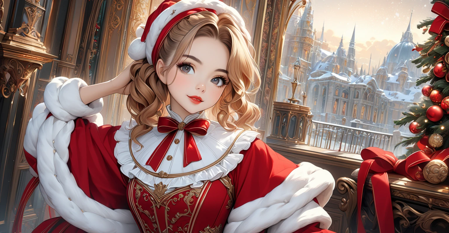 "A young, elegant woman envisioned as a youthful and cheerful Mrs. Claus, blending the features of Sabrina Carpenter, and Chloe Bennet. She has vibrant auburn hair styled beautifully and exudes joy, elegance, and festive warmth. The setting is a luxurious Rococo-inspired room with intricate details, featuring a roaring fireplace that creates a cozy, cheerful atmosphere. The artwork is a highly detailed, award-winning digital painting, blending elements of realistic fantasy art, polished 2D vector illustration, and concept art, inspired by the styles of WLOP and Artgerm. The overall composition emphasizes sharp focus, intricate textures, and a polished, elegant aesthetic."
