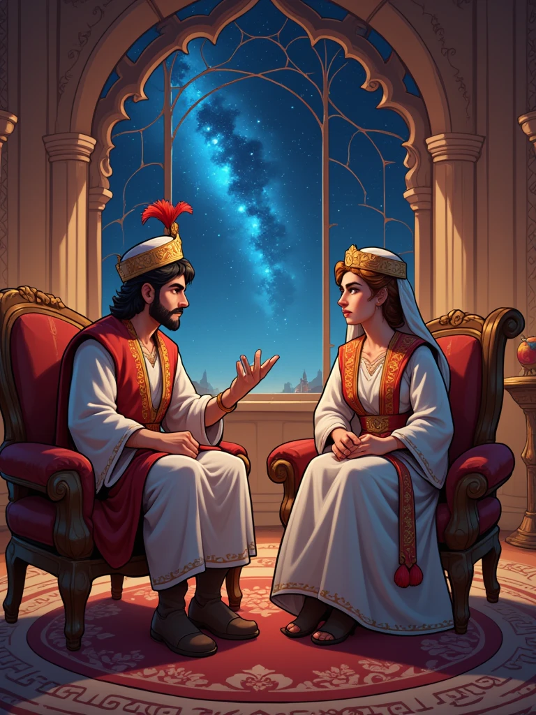 Draw a vivid scene depicting a figure of a sultan in traditional Middle Eastern dress, sitting on an ornate king's throne, wearing a turban decorated with feathers on his head. The man listens to the woman in amazement and love. An elegantly dressed woman in Middle Eastern attire, wearing a small fez with a tulle on the end, sits on a cedar opposite him, looking at him with a hopeful expression. She has an attitude of cheerfully telling him a story. In the background, in a palace room, there is an elaborate window through which a starry night sky is visible, adding a magical atmosphere. Highlight the rich colours of their clothes and surroundings.