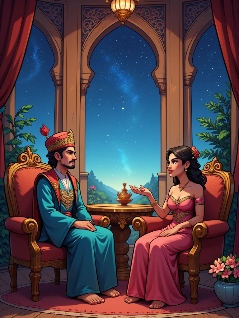 Draw a vivid scene depicting a figure of a sultan in traditional Middle Eastern dress, sitting on an ornate king's throne, wearing a turban decorated with feathers on his head. The man listens to the woman in amazement and love. An elegantly dressed woman in Middle Eastern attire, wearing a small fez with a tulle on the end, sits on a cedar opposite him, looking at him with a hopeful expression. She has an attitude of cheerfully telling him a story. In the background, in a palace room, there is an elaborate window through which a starry night sky is visible, adding a magical atmosphere. Highlight the rich colours of their clothes and surroundings.