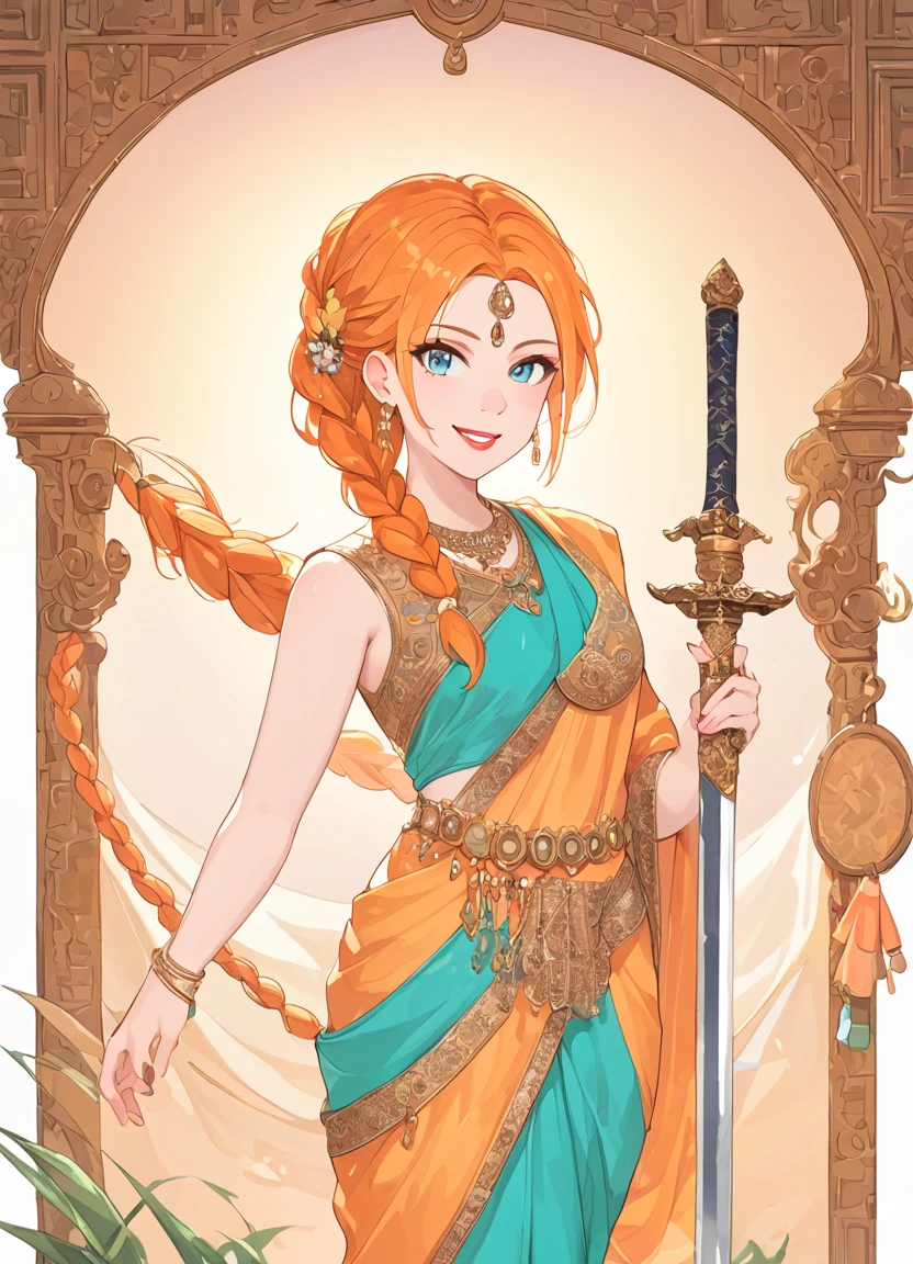 summer.smith, orange hair, 1girl, braid, eyeshadow,lipstick,bindi, saree,smile,score_9, score_8_up, score_7_up, score_6_up, score_5_up, score_4_up, looking at viewer, holding sword, cowboy shot,