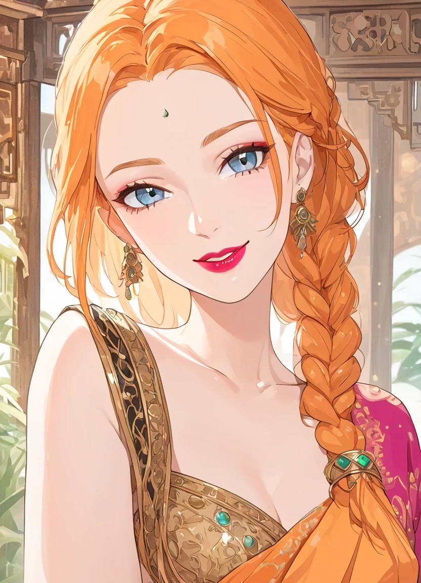 summer.smith, orange hair, 1girl, braid, eyeshadow,lipstick,bindi, saree,smile,score_9, score_8_up, score_7_up, score_6_up, score_5_up, score_4_up, looking at viewer, seductive pose, cowboy shot,