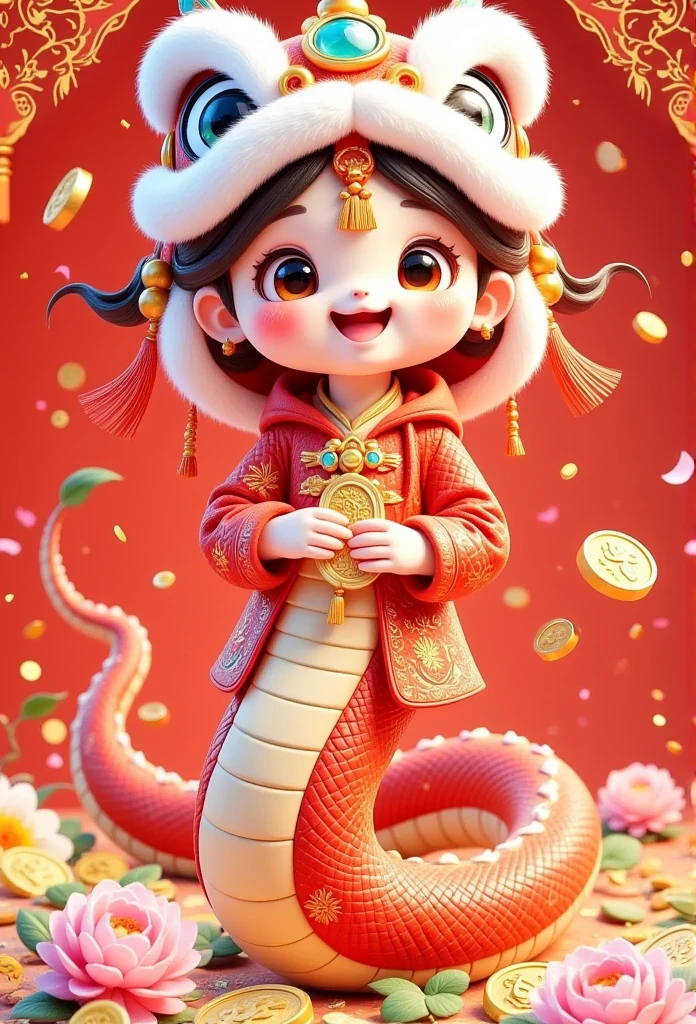 Disney style, cute five-year-old girl holding a red dragon, wearing dragon hoods, clothes embroidered with auspicious dragon patterns and decorations, full body shot, gold coins, red background, blind box toys, sparkling, Happiness, positivity, red background featuring cartoon character decorated in traditional red and gold colors symbolizing prosperity and good luck, studio lighting, HD, ultra-detailed, 32k