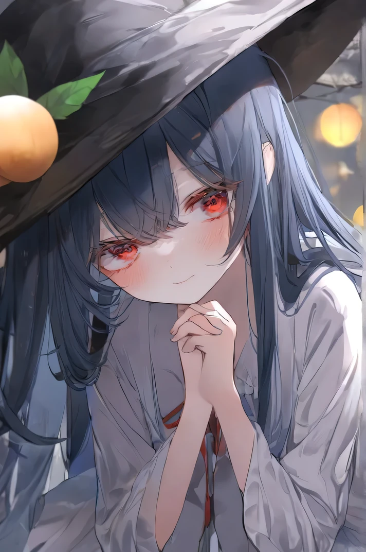 , Top Quality , Best Quality , Official Art , beautiful, And pick , Very Detailed (Fractional art 1 .2),most detailed, a girl , expressionless faces , Dark blue long hair , wearing a wizard hat, dark red eyes , Very Detailed , high detail , tall cool girl, Faint Color , Gentle Eye, Light Blush, Contemplative, tall girl, shy expression ,,Face the audience, Despicable expression , with hands clasped to chest