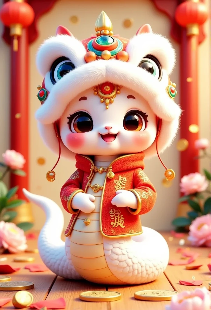 snake,This is a digital CGI image featuring a cute, white, dragon-like creature with red polka dots, large expressive eyes, and small horns. It wears a red Chinese New Year outfit adorned with gold patterns and the character for "18." The creature stands on a wooden floor with scattered red envelopes and festive decorations. Red lanterns and gold coins hang in the background, adding to the celebratory atmosphere.