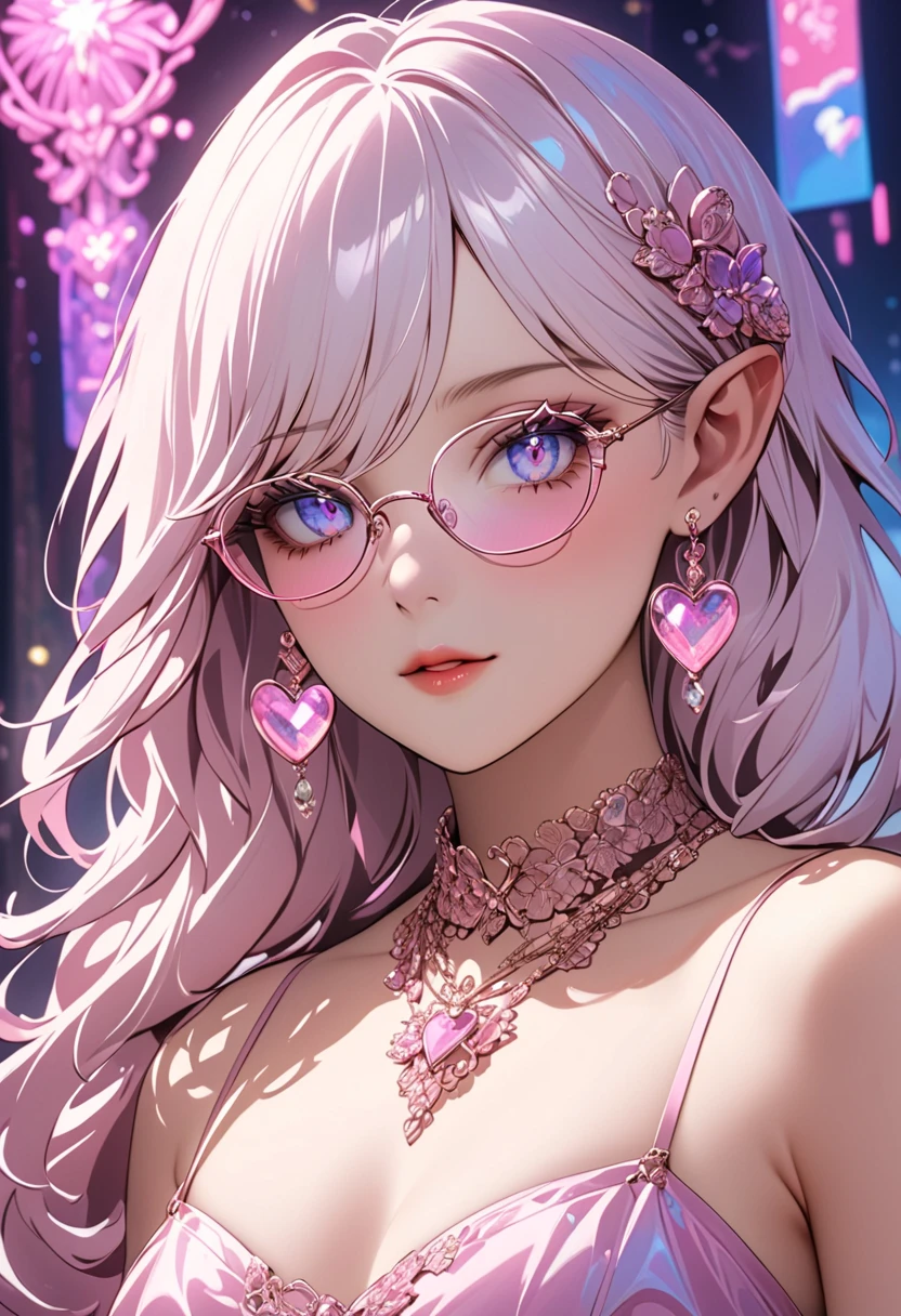 Close-up of a woman with pink hair wearing glasses, artwork in kawaii realistic portrait, inspired by Seihiko-kun, glowing pink face, pink girl, beautiful anime portrait, pink glasses, glowing pink eyes, and with big boobs