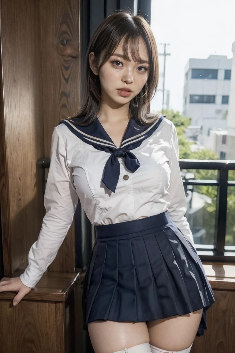 ((school uniform, sailor suit, traditional Japanese style with navy blue and white colors, detailed ribbon and pleated skirt)), ((up lift skirt, panty shot:1.5)), ((cleavage, medium breast)),((blunt bangs, medium hair)), buttocks, panty lines, detailed face, long eyelashes, beautiful eyes, beautiful lips, photo realistic, hyper detailed, 8k, high quality, masterpiece, vibrant colors, dramatic lighting, cinematic, photorealistic, intricate details