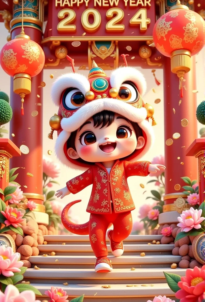 A boy wearing a red clothes , running tools running at the steps, surrounded by Chinese dragons and lanterns. The background features traditional New Year elements such as firecrackers, fireworks, houses with dragon patterns, "2024" written above him, "Happy new year", Pixar style, 3D rendering, high resolution, movie-level lighting effects, bright colors, festive atmosphere. Red tone. It says that it has been photographed for two years.,,in focus shot，Wong Kar Wai's cinematic poster style