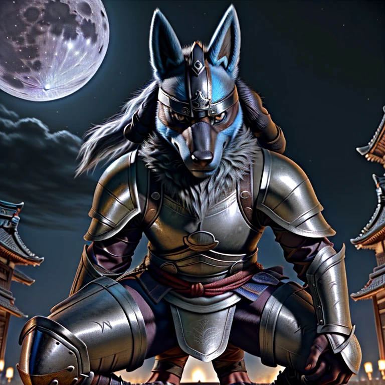 masterpiece, furry, anthro, a huge wolf:1.5, striped wolf:2.3, samurai holding a katana, strongman:1.3, samurai armor:2.5, he is wearing samurai armor:2.3, seated autside chinese temple, black haircut, saggy balls, ((penis flaccid)), looking away:2.1, super detailed, detailed face, super detailed eyes:1.4, best art, 8k, vibrant, ((by snowskau:0.8)), by taran fiddler:1.8, by RedRusker:1.2, art stile, 3D, detailed background, halfbody,