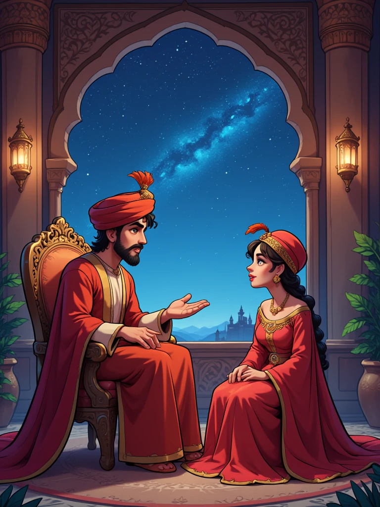 Draw a vivid scene depicting a figure of a sultan in traditional Middle Eastern dress, sitting on an ornate king's throne, wearing a turban decorated with feathers on his head. The man listens to the woman in amazement and love. An elegantly dressed woman in Middle Eastern attire, wearing a small fez with a tulle on the end, sits on a cedar opposite him, looking at him with a hopeful expression. She has an attitude of cheerfully telling him a story. In the background, in a palace room, there is an elaborate window through which a starry night sky is visible, adding a magical atmosphere. Highlight the rich colours of their clothes and surroundings.