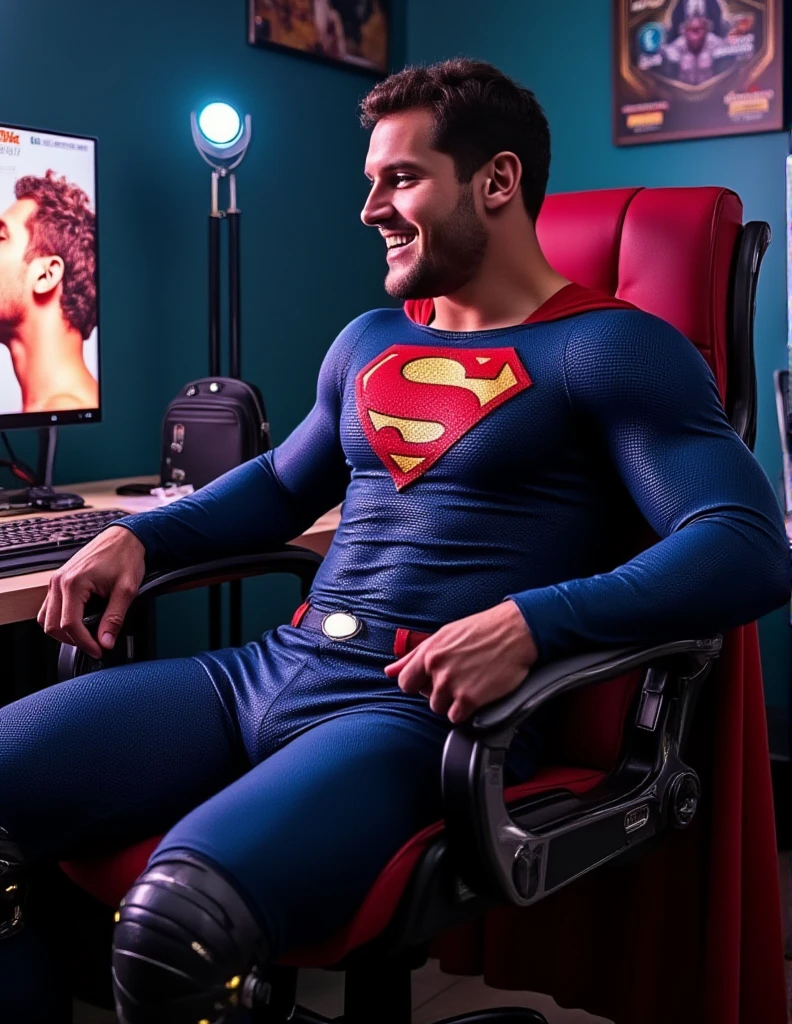 Superman wearing a classic Superman outfit , about 30 years old,sitting up on a cyberpunk armchair, futuristic robotic arms from armchair with suction heads penetrate his abdominal muscles body, emitting lights. bright with dim LED lighting, lean back, expression of joy. computer display Gay kissing man . not naked. milk flowing out, small black purse on desk, gaming posters in the background.